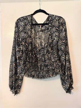 Free People Black & Cream Paisley Smocked Waist Blouse